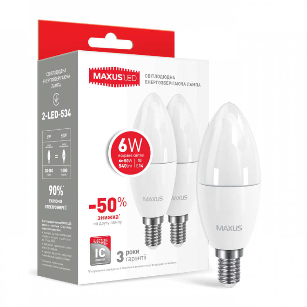 Набор LED ламп MAXUS C37 6W 220V E14 (по 2 шт.) (2-LED-533)