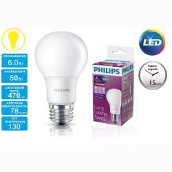 Лампа светодиодная Philips LEDBulb E27 6-50W 230V 3000K A60/PF